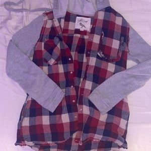 White Crow Checkered/Gingham/Plaid Snap Button Down Long Sleeve Hooded Sweater